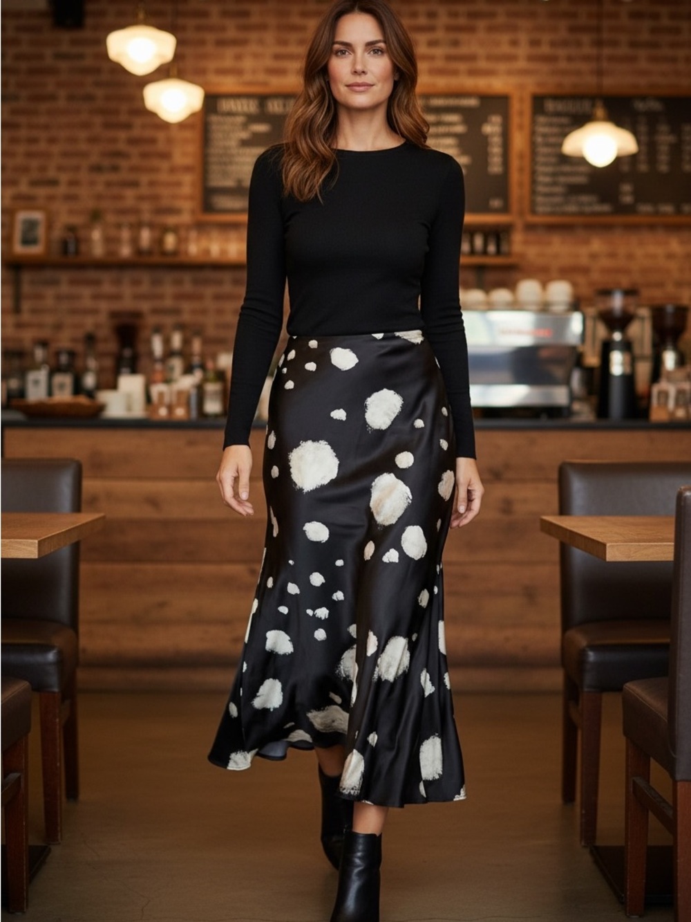 Topshop Women's Satin Polka Dot Flare Midi Skirt Zip Black White US 4